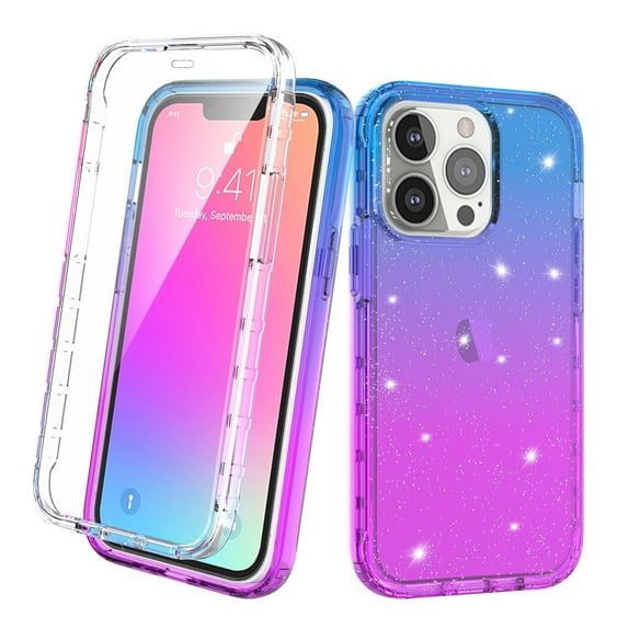 iPhone 13 Pro Case With Built-in Screen Protector, Rosebono Hybrid Glitter Sparkle Transparent Colorful Gradient TPU Cover Case For iPhone 13 Pro (Blue/Purple)