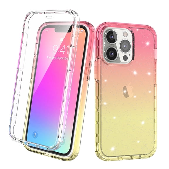 iPhone 13 Pro Case With Built-in Screen Protector, Rosebono Hybrid Glitter Sparkle Transparent Colorful Gradient TPU Skin Cover Case For iPhone 13 Pro (Gold/Pink)
