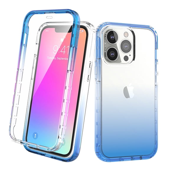iPhone 13 Pro Case With Built-in Screen Protector, Rosebono Hybrid Gradient Transparent Soft TPU Clear Skin Cover Case For iPhone 13 Pro (Blue)