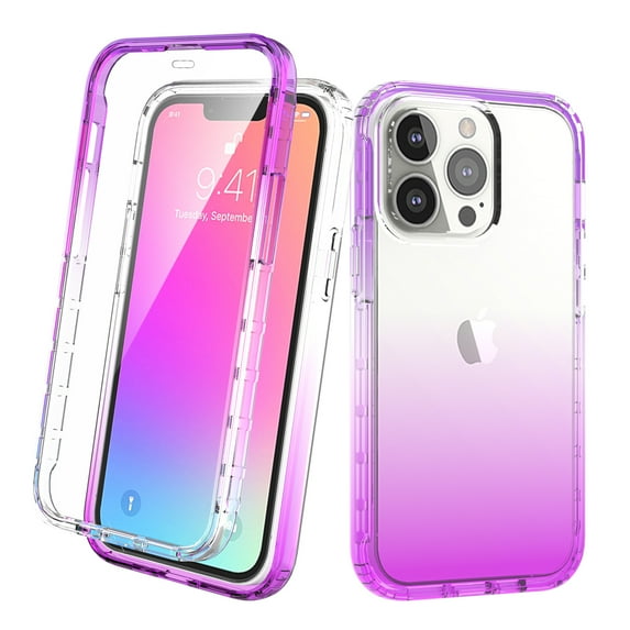 iPhone 13 Pro Case With Built-in Screen Protector, Rosebono Hybrid Gradient Transparent Soft TPU Clear Skin Cover Case For iPhone 13 Pro (Purple)