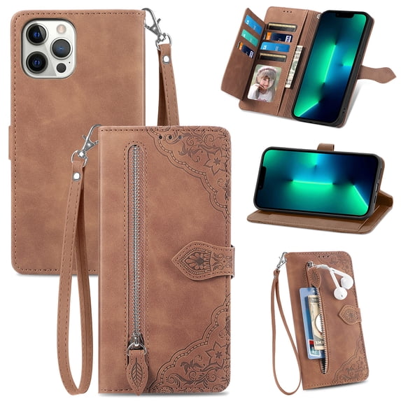 for iPhone 13 Pro Case for Women,Cute Wallet Case with Zipper Pocket Purse Flower Embossed PU Leather Card Slots Wrist Strap Flip Folio Protective Phone Cover for iPhone 13 Pro, Brown
