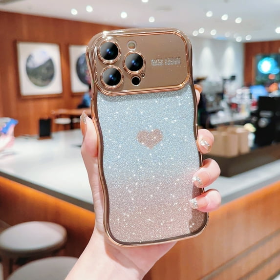 for iPhone 13 Pro Case for Women Girls, Bling Glitter Gradient Color Cute Wave Frame Curly Shape with Love Heart Pattern Raised Camera Protection Cover Luxury Plating Shockproof Phone Case, Gold