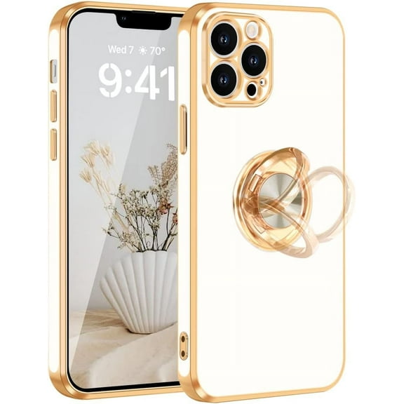iPhone 13 Pro Case[with 360° Rotatable Ring Holder Stand][Support Magnetic Car Mount][Shiny Plating Gold] Slim Soft TPU Shockproof Protective Case for iPhone 13 Pro for Men Women Boys,White