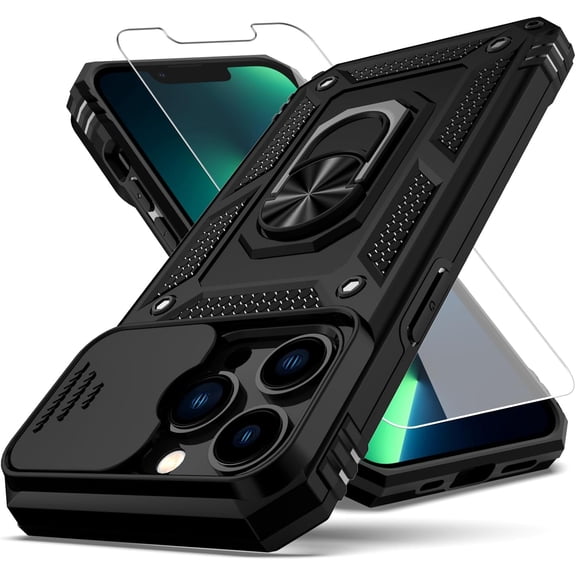 for iPhone 13 Pro Case,with Camera Lens Cover HD Screen Protector,[Military Grade] Ring Car Mount Kickstand Hybrid Hard PC Soft TPU Shockproof Protective Case for iPhone 13 Pro, Black