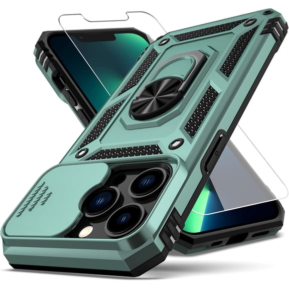 for iPhone 13 Pro Case,with Camera Lens Cover HD Screen Protector,[Military Grade] Ring Car Mount Kickstand Hybrid Hard PC Soft TPU Shockproof Protective Case for iPhone 13 Pro, Green
