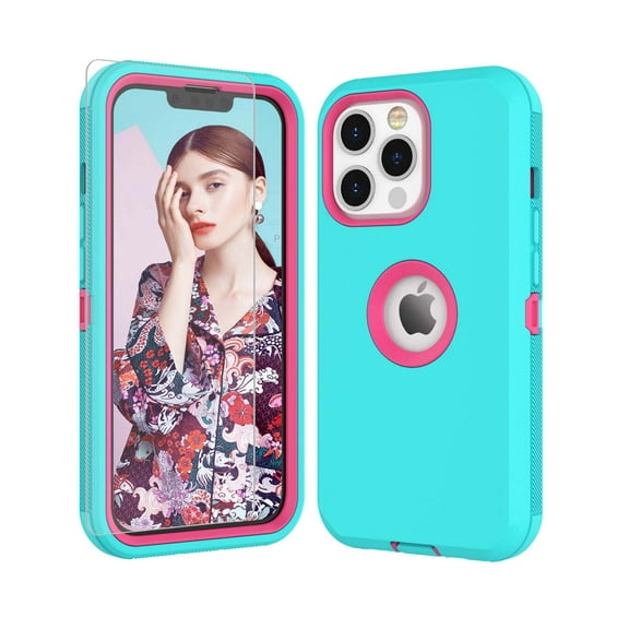 iPhone 13 Pro Cases, Njjex Heavy Duty Shockproof Protective Case for iPhone 13 Pro (6.1 Inch) with Tempered Glass Screen Protector - Turquoise