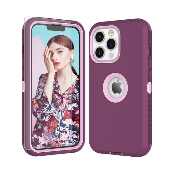 iPhone 13 Pro Cases, Njjex Heavy Duty Shockproof Protective Case for iPhone 13 Pro (6.1 Inch) with Tempered Glass Screen Protector - Wine Red
