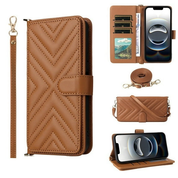 For iPhone 13 Pro Diamond Pattern PU Leather Wallet Case Magnetic Flip Cover Multi-Card Slots Pocket Kickstand With Detachable Shoulder Strap And Wrist Strap,Brown,For iPhone 13 Pro