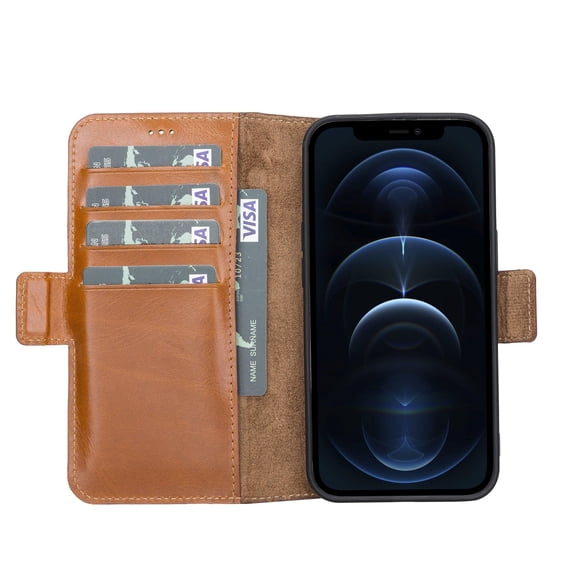 iPhone 13 Pro Flip Cover Full Grain Leather Wallet Case with Kickstand Feature