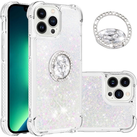for iPhone 13 Pro Glitter Case with Ring Holder,Bling Sparkle Floating Liquid Soft TPU Cushion Fashion Girly Women Girls Cute Case Cover for iPhone 13 Pro Colorful