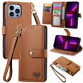 thumbnail image 1 of For iPhone 13 Pro Leather Phone Case Wallet Zipper Pocket Pouch Folio Flip Cover Kickstand, Multi Anti-theft Card Holder Cash Slot, Double Magnetic Buckle, Wrist Lanyard,Brown,For iPhone 13 Pro, 1 of 12