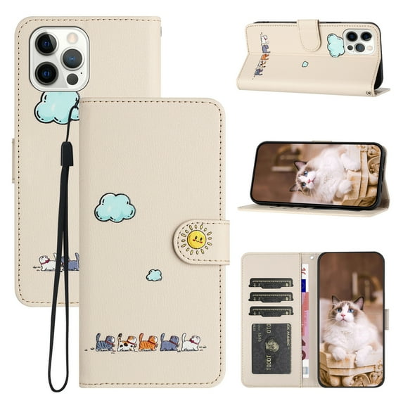 for iPhone 13 Pro Lovely Cartoon Pattern Wallet Flip PU Leather Case, with Wrist Strap / Credit Card Slots / Photo Slot / Cash Pocket Kickstand Cute Phone Cover for iPhone 13 Pro, Beige
