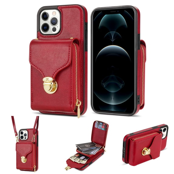 iPhone 13 Pro Luxury Leather Case with Card Holder for Women Phone Case Wallet with Strap Credit Card Slots Crossbody Strap with Kickstand Zipper Shockproof Case For iPhone 13 Pro,Red