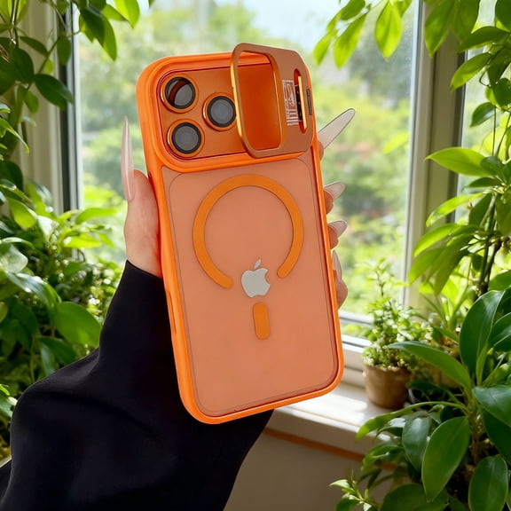 for iPhone 13 Pro Magnetic Case with Stand, Clear Shockproof Wireless Charging Compatible with Kickstand, Camera Lens Protector, Anti-Fingerprint Transparent Drop Protection Phone Cover, Orange