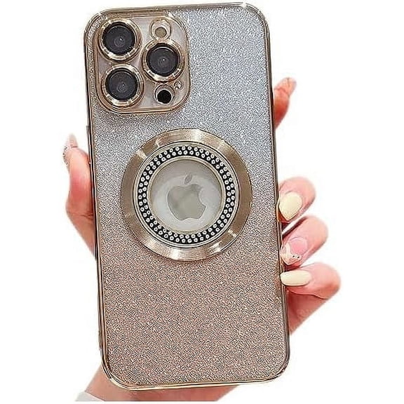 for iPhone 13 Pro Magnetic Glitter Case Compatible with MagSafe, with Camera Lens Protector Logo View Dust-Proof Net, Full Protection Slim Shockproof Anti-Scratch Case, for Women Girls-Gold