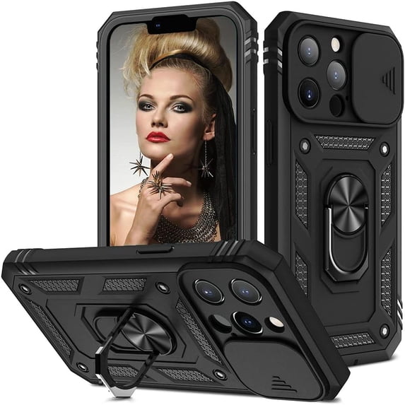 iPhone 13 Pro Max 5G Case with Slide Camera Cover Military Grade Heavy Duty Shockproof Three-Layer Case with 360° Ring Stand for iPhone 13 Pro Max 6.7"-Black