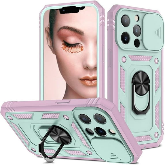 iPhone 13 Pro Max 5G Case with Slide Camera Cover Military Grade Heavy Duty Shockproof Three-Layer Case with 360° Ring Stand for iPhone 13 Pro Max 6.7"-Green/Pink