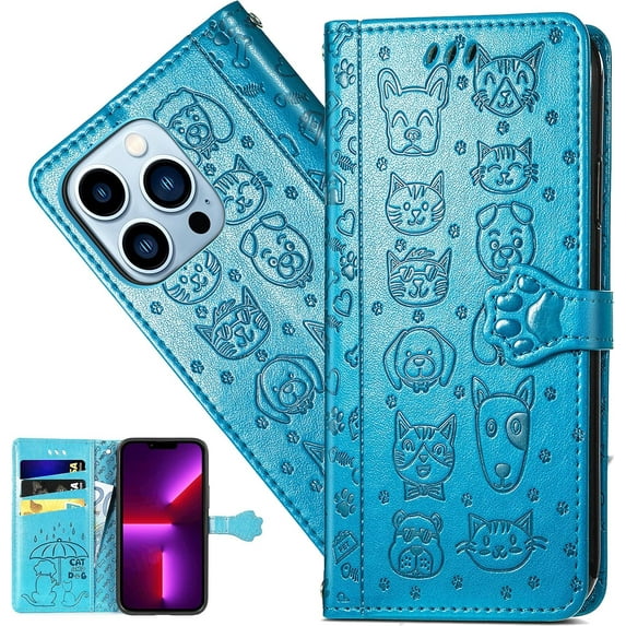 for iPhone 13 Pro Max (6.7 Inch) Cartoon Cute Wallet Case,Cat Dog Style Flip Phone Cover with ID Card Holder PU Leather Cases for iPhone 13 Pro Max MG Blue