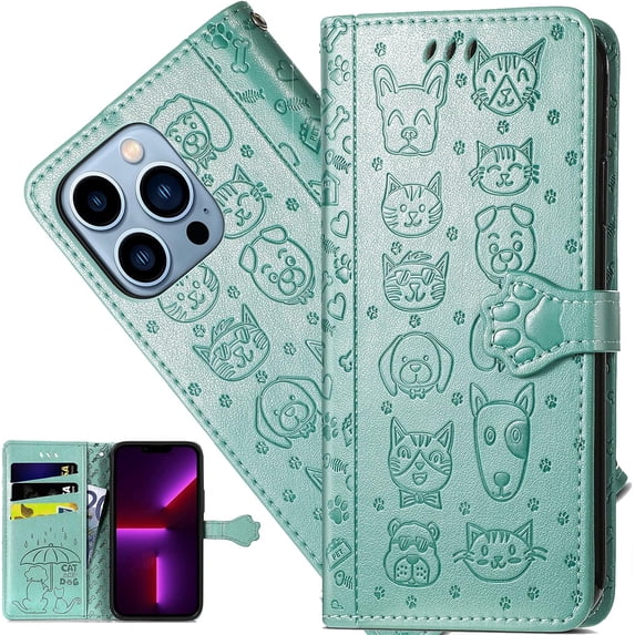 for iPhone 13 Pro Max (6.7 Inch) Cartoon Cute Wallet Case,Cat Dog Style Flip Phone Cover with ID Card Holder PU Leather Cases for iPhone 13 Pro Max MG Green