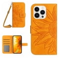 thumbnail image 1 of For iPhone 13 Pro Max 6.7" Sunflower  Embossed Strong Magnetic Attachment/Closure, Card Slots/Pocket, PU Leather Flip Wallet Case With Adjustable Shoulder Strap,Yellow,For iPhone 13 Pro Max, 1 of 11