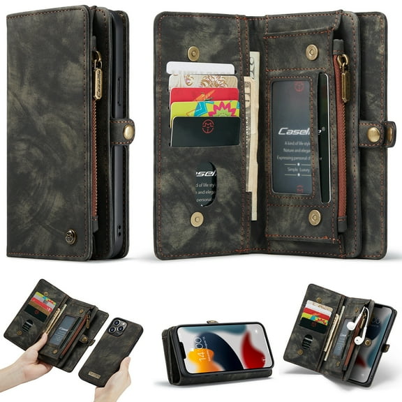 iPhone 13 Pro Max 6.7-inch Case, Dteck 2 in 1 Retro Luxury Leather Zipper Wallet Case with Detachable Cover & Card Slots + Side Cash Pocket + Magnetic Clasp Closure for iPhone 13 Pro Max,Black