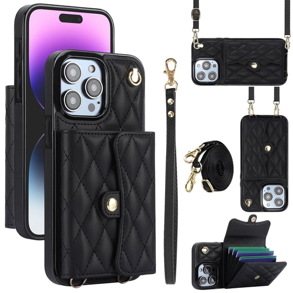 for iPhone 13 Pro Max Back Case, Luxury Ultra Slim Shockproof PU Leather Card Slots Kickstand Magnetic Snap Shoulder Strap & Wristlet RFID Blocking Phone Cover for iPhone 13 Pro Max, Black