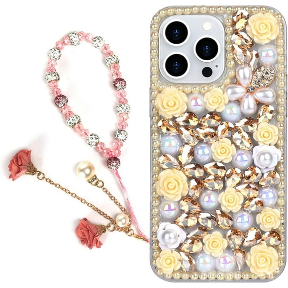 for iPhone 13 Pro Max Bling Case with Strap, Luxury Glitter Rhinestone Diamond Crystal Sparkle Rose Flower Pearl Floral Bracelets Soft Bumper Protective Case Cover for Women Girls Yellow