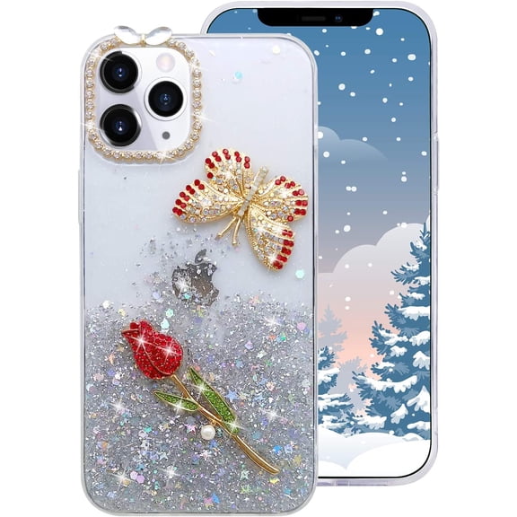 for iPhone 13 Pro Max Bling Diamond Case for Women Girls Luxury 3D Shiny Sparkle Glitter Sequins Rhinestone Butterfly Rose Flower Soft Slim Protective Cover 6.7 inch, Clear, QL3242-i13PM-1