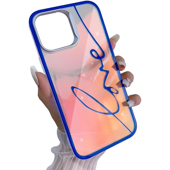 iPhone 13 Pro Max Bling Laser Case, Clear Mirror Phone Case with Love Pattern,Hard PC + Soft TPU Anti Scratch Shockproof Case Aesthetic Design for Women Girls Back Cover, Blue