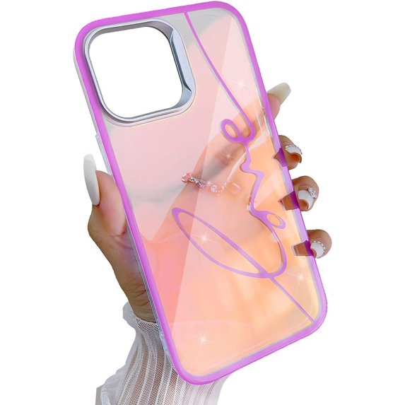 iPhone 13 Pro Max Bling Laser Case, Clear Mirror Phone Case with Love Pattern,Hard PC + Soft TPU Anti Scratch Shockproof Case Aesthetic Design for Women Girls Back Cover, Pink