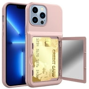 iPhone 13 Pro Max Card Holder Wallet Case,Dteck Shockproof Rubber Hybrid PC with Hidden Mirror Dual Layer Cover Lightweight Protective Back Phone Case for Apple iPhone 13 Pro Max 6.7-inch,Rosegold