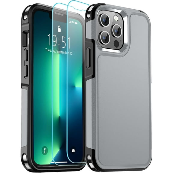 for iPhone 13 Pro Max Case, [12 FT Military Grade Drop Protection][with 2 Pcs Tempered Glass Screen Protector] Heavy Duty Shockproof Phone Cover for iPhone 13 Pro Max 6.7 inch,Gray