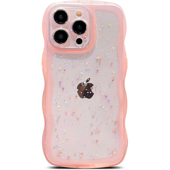 for iPhone 13 Pro Max Case 6.7", Cute Kawaii Curly Wavy Bling Glitter Star Shiny Sparkle Clear Transparent Camera Lens Protection Soft Shockproof Aesthetic Phone Cover for Women (Pink)