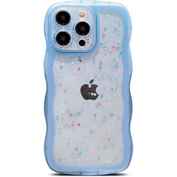 for iPhone 13 Pro Max Case 6.7", Cute Kawaii Curly Wavy Bling Glitter Star Shiny Sparkle Clear Transparent Camera Lens Protection Soft Shockproof Aesthetic Phone Cover for Women (Blue)