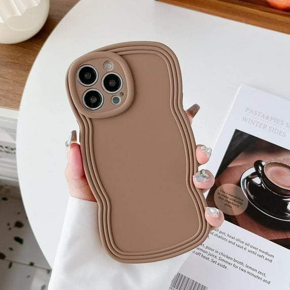 for iPhone 13 Pro Max Case 6.7 Inch Curly Wave Frame Phone Case Cute Design Color Aesthetic Phone Case Soft TPU Shockproof Protective Bumper Case Cover for Girls, Khaki