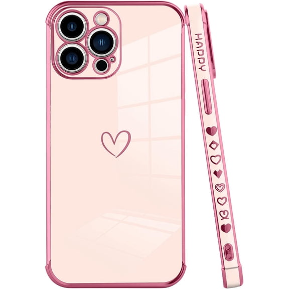 for iPhone 13 Pro Max Case 6.7 Inch, Luxury Plating Gold Edge [Reinforced Corners] [Full Camera Protection] Shockproof Slim Protective Phone Cover for Women Girls-Pink Heart