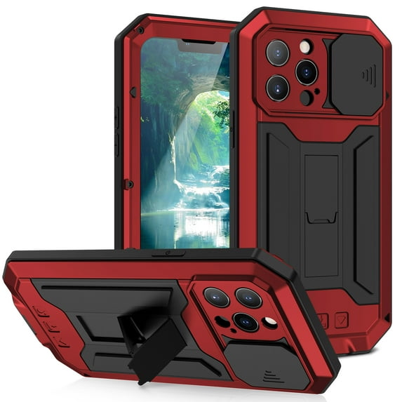 iPhone 13 Pro Max Case 6.7" with Screen Protector, TECHCIRCLE Heavy Duty Military Metal Hybrid Rugged Kickstand Water-Resistant Shockproof Full Protective Cover with Slide Camera Protector, Red