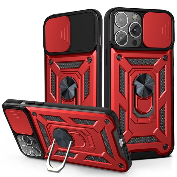iPhone 13 Pro Max Case 6.7", TECHCIRCLE 360 Ring Kickstand Magnetic & Slide Camera Protector Military-Grade Rugged Hybrid Protective Cover for Apple iPhone 13 Pro Max 2021 - Red
