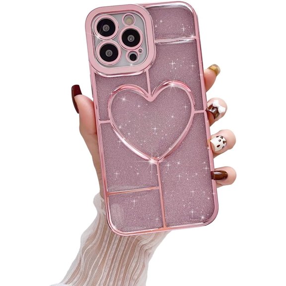 iPhone 13 Pro Max Case(6.7 inch), 3D Hollow Love Heart Pattern, Luxury Plating with Bling Sparkly Glitter Case,Soft TPU Shockproof Protective Case for 13 Pro Max for Women Girls(Pink)