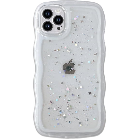 for iPhone 13 Pro Max Case 6.7 inch Curly Wave Edge Design Transparent Bling Glitter Star Shiny Case Cute Clear Transparent Full Protection Soft TPU Shockproof Phone Cover for Women Girls,Clear