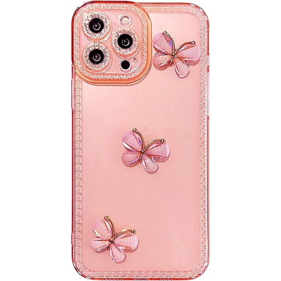 for iPhone 13 Pro Max Case 6.7 inch,Cute 3D Butterfly Bling Glitter Clear Transparent Case with Anti-Fall Lens Cameras Sparkly Soft TPU Case for iPhone 13 Pro Max Cover for Women Girls Pink