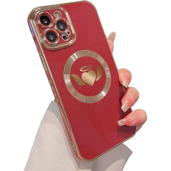 for iPhone 13 Pro Max Case(6.7 inch),Luxury Plating Cute Heart Wing Full Camera Lens Protection Magnetic Case for iPhone 13 Pro Max for Women Girls(Red)
