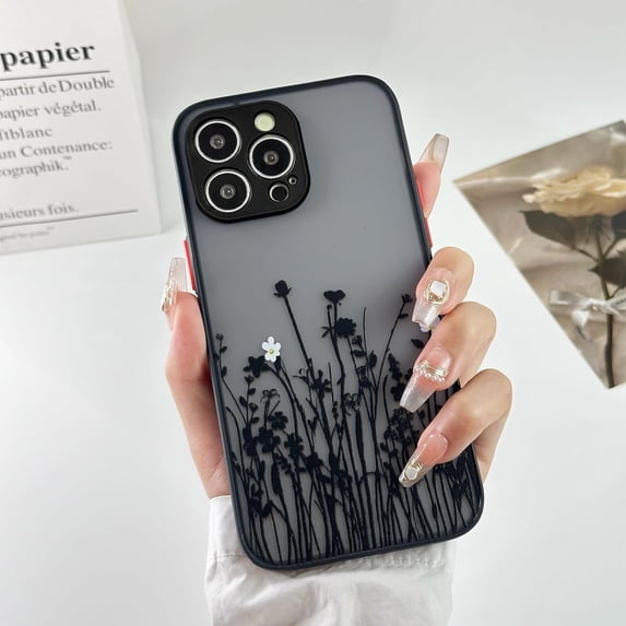 for iPhone 13 Pro Max Case Aesthetic Vintage Black Floral Flower Pattern Cute Phone Case for Women Girls, Slim Fit Matte TPU Shockproof Protective Case, Black