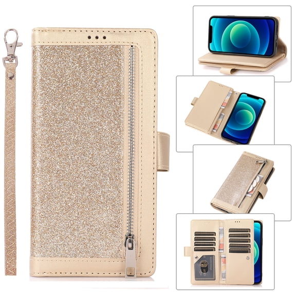 iPhone 13 Pro Max Case, Allytech [9 Card Holders] Bling Glitter PU Leather Flip Stand Wallet Case with Cash Pocket Full Protection Sparkly Hand Strap Purse Case for iPhone 13 Pro Max (2021 6.7"), Gold