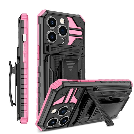For iPhone 13 Pro Max Case with Belt Clip Holster, Heavy Duty Military Grade Drop Protective, 360° Rotating Kickstand Shockproof TPU Shell Durable Rugged Cover For iPhone 13 Pro Max, Pink