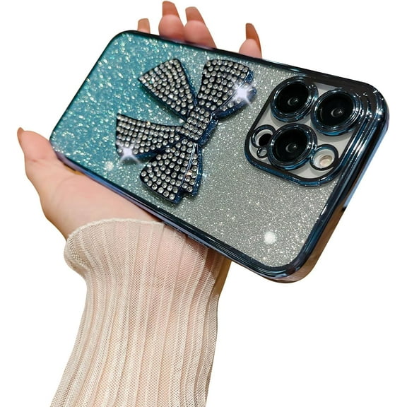 for iPhone 13 Pro Max Case Bow Glitter Rhinestone Bling Plating Luxury Women Girl Phone Case,Shine Diamond Case for iPhone 13 Pro Max Protective Cover,Clear Gradient Blue