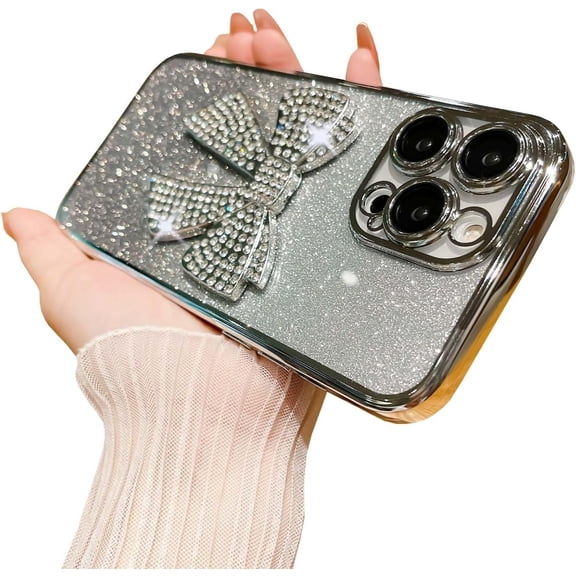 for iPhone 13 Pro Max Case Bow Glitter Rhinestone Bling Plating Luxury Women Girl Phone Case,Shine Diamond Case for iPhone 13 Pro Max Protective Cover,Clear Gradient Silver