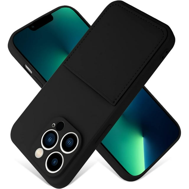 iPhone 13 Pro Max Case Card Holder Black Liquid Silicone Soft Screen Protector Cover Shockproof Anti Scratch Microfiber Lining Full Body Protection Shell