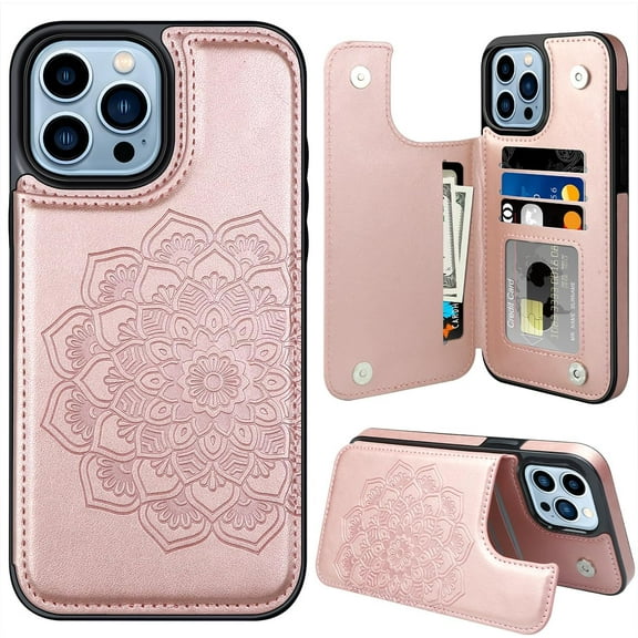 for iPhone 13 Pro Max Case with Card Holder, Flower Magnetic Buttons Flip Case for iPhone 13 Pro Max Wallet Case for Women,Protective Case Phone Case for iPhone 13 Pro Max,Rose Gold