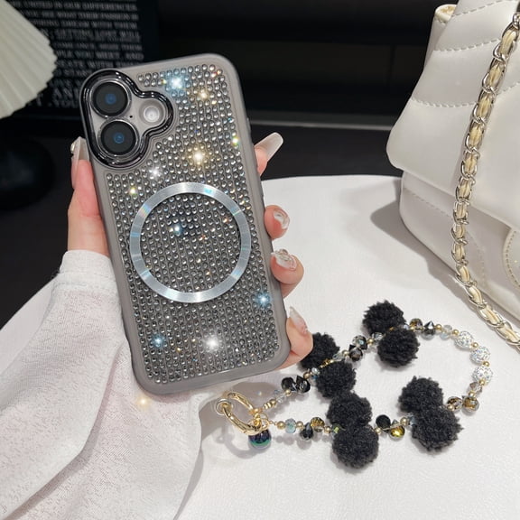for iPhone 13 Pro Max Case with Chain, [Compatible with MagSafe] Glitter Crystal Diamond Rhinestone Sparkle Sparkly Bumper Camera Lens Protector Shockproof Phone Case for iPhone 13 Pro Max, Gray